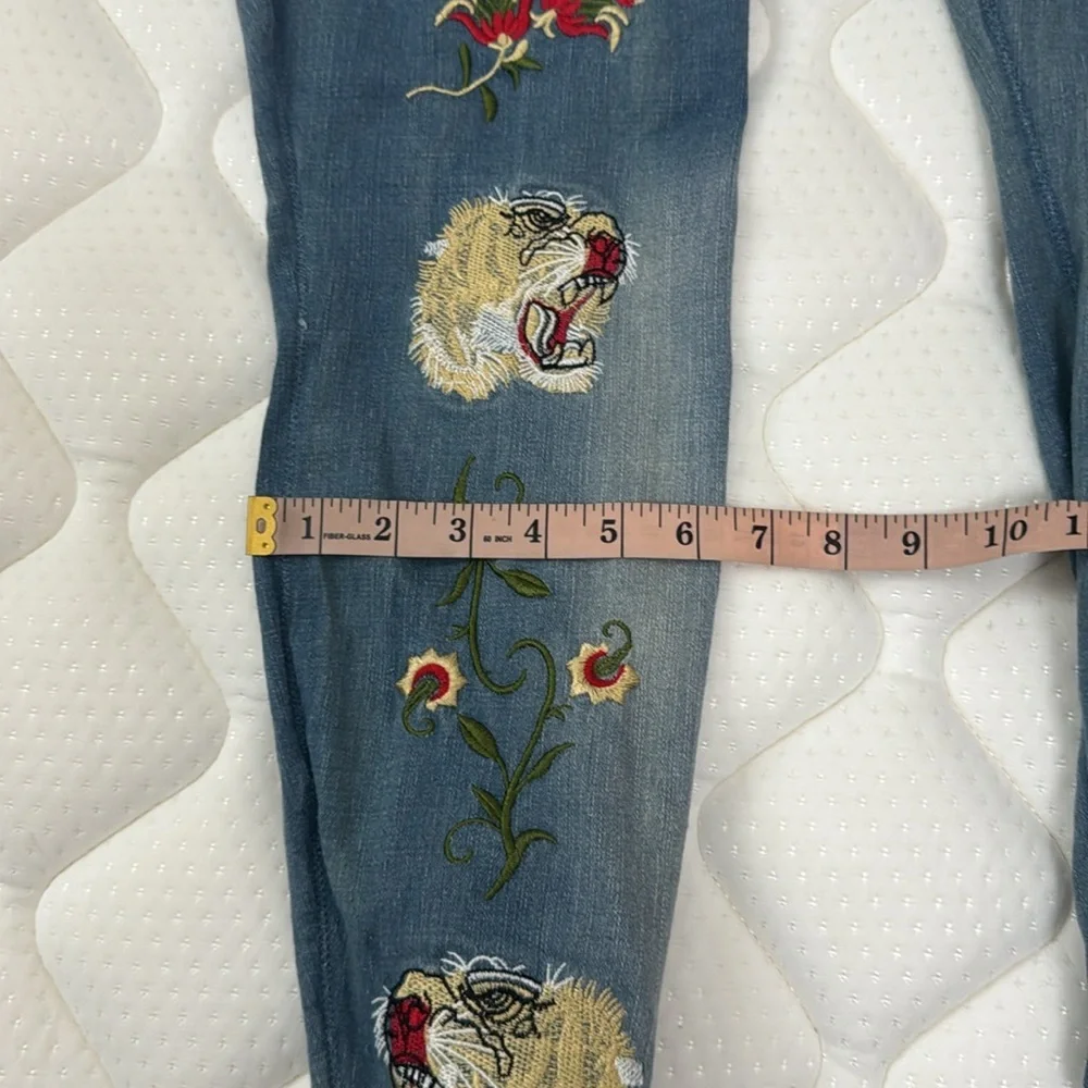 Toriana Blue Denim Like Club Embroidered Tiger Rose Over the Knee Boots- Size 8